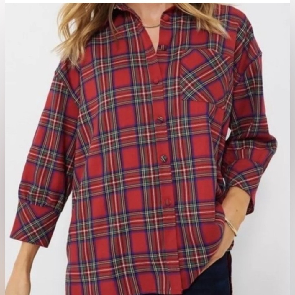 TUCKERNUCK Red Plaid Tartan Raeside 3/4 Bubble Sleeve Shirt Large